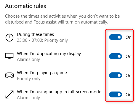 A seção "Regras automáticas" do Focus Assist.