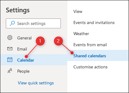 Configurações de calendário do Outlook com as configurações de calendário compartilhadas em destaque.