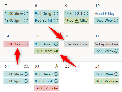 Compromissos de calendário de diferentes calendários exibidos com cores diferentes.