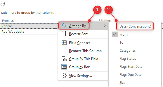 Clique em "Organizar por" e selecione "Data (Conversas)" no Outlook.