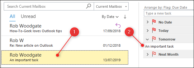 Um e-mail que foi sinalizado e agora está destacado em amarelo e aparece na lista de tarefas.