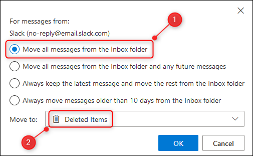 A opção "Mover todas as mensagens da pasta Caixa de entrada".