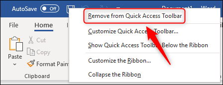 A opção de menu "Remover da Barra de Ferramentas de Acesso Rápido".
