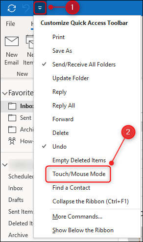 O menu "Personalizar barra de ferramentas de acesso rápido" com a opção "Modo de toque / mouse" destacada.