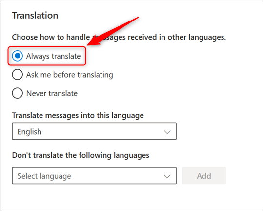 A seção Tradução com a opção "Sempre traduzir" destacada.