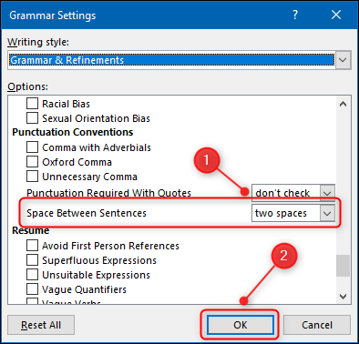 O painel "Grammar Settings" com a opção "Space Between Frases" destacada.