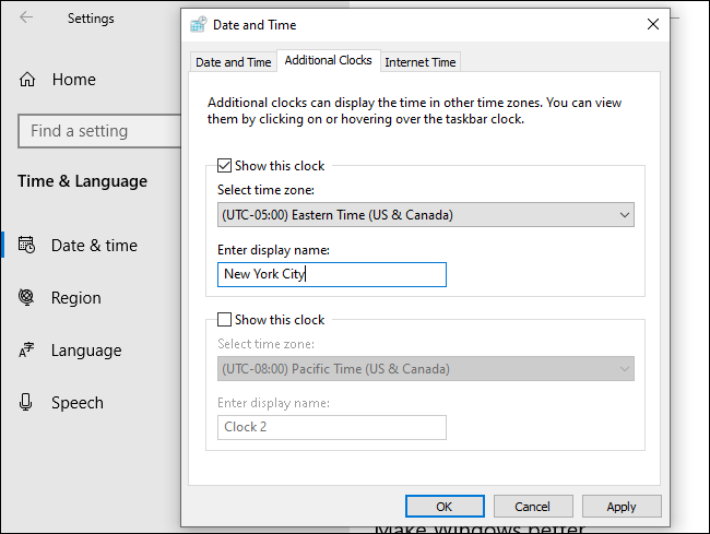 Configurando um relógio adicional na janela Data e Hora.