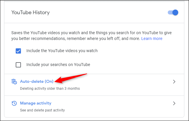 Auto-delete controles para YouTube History em uma conta Google.