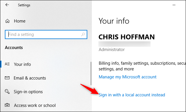 Converter uma conta da Microsoft em uma conta local no Windows 10.