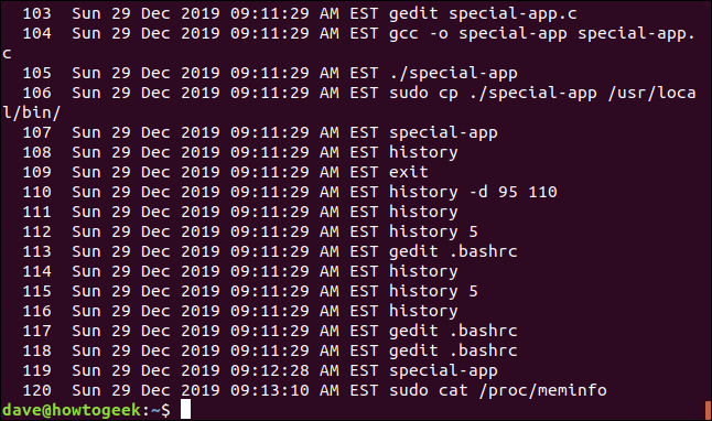 Uma lista de histórico com carimbos de data / hora em uma janela de terminal.