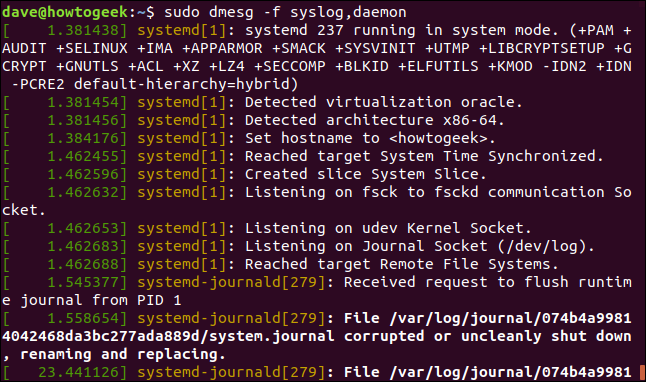 saída de sudo dmesg -f syslog, daemon em uma janela de terminal