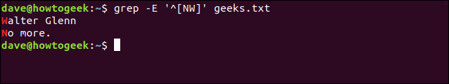 O comando grep -E '^ [NW]' geeks.txt "em uma janela de terminal.