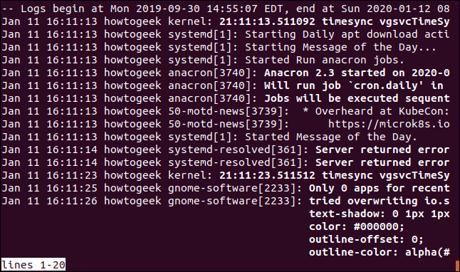 Saída de sudo journalctl - S ontem em uma janela de terminal