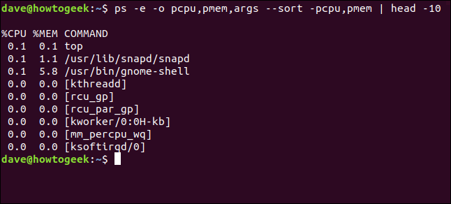 Saída de ps -e -o pcpu, pmem, args --sort -pcpu, pmem |  cabeça 10 em uma janela de terminal