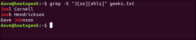 O comando "grep -E 'J [os] [ehls]' geeks.txt" em uma janela de terminal.