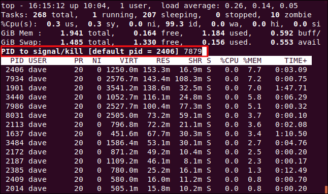 top solicitando um id de processo, em uma janela de terminal.