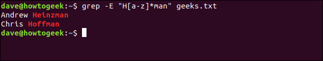O comando "grep -E 'H [az] * man' geeks.txt" em uma janela de terminal.