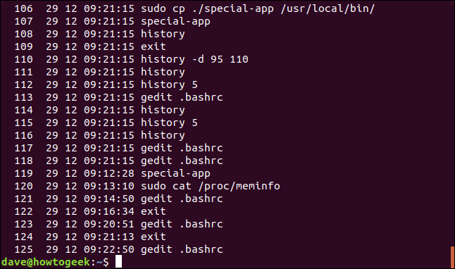 Uma lista de histórico com carimbos de data / hora em uma janela de terminal.