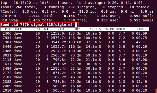 top solicitando um sinal para enviar, em uma janela de terminal.