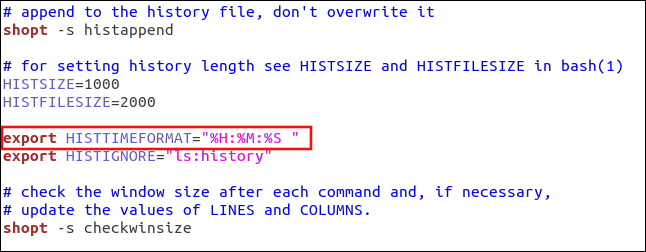 O comando "export HISTTIMEFORMAT ="% T "no gedit. 