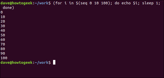 "(para i em $ (seq 0 10 100); faça echo $ i; sleep; concluído)" em uma janela de terminal.