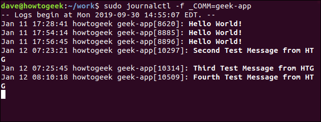 sudo journalctl -f _COMM = geek-app em uma janela de terminal