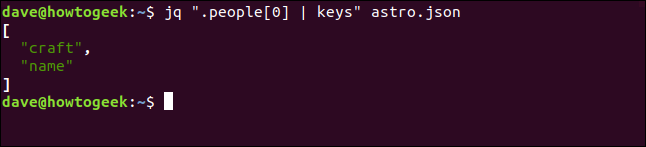 O "jq" .people. [0]  |  keys "astro.json" comando em uma janela de terminal.