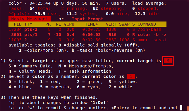 página de configuração de cor superior com a opção M selecionada, em uma janela de terminal.