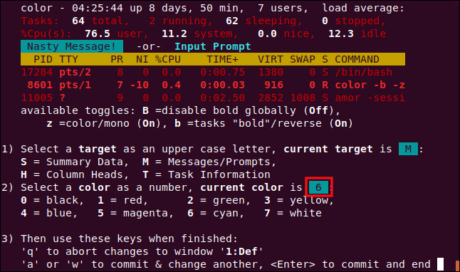 janela de configurações de cor superior com a cor 6 selecionada, em uma janela de terminal.