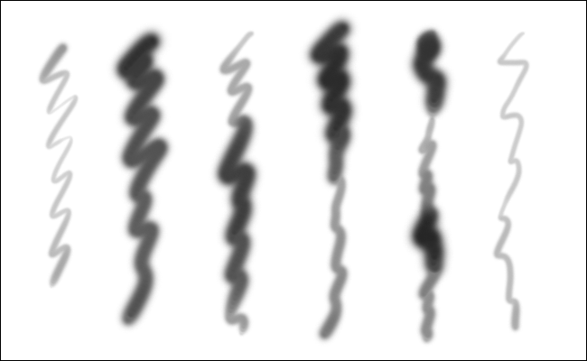 Seis linhas onduladas criadas com o mesmo pincel no Photoshop usando diferentes pressões. 