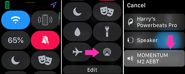 selecionando um dispositivo de áudio em um Apple Watch