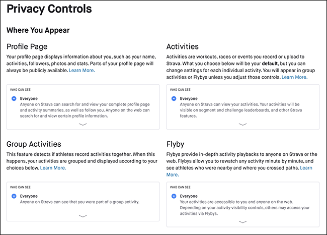 O menu "Controles de privacidade" no Strava.