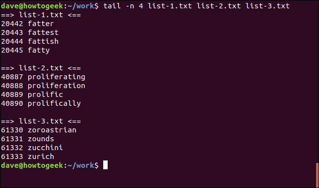 tail -n 4 list-1.txt list-2.txt list-3.txt em uma janela de terminal