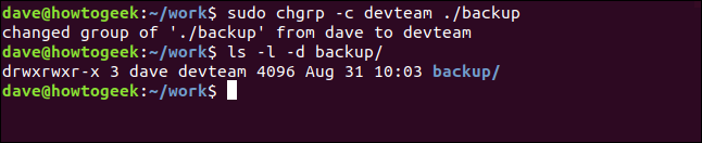 sudo chgrp -c devteam ./backup em uma janela de terminal