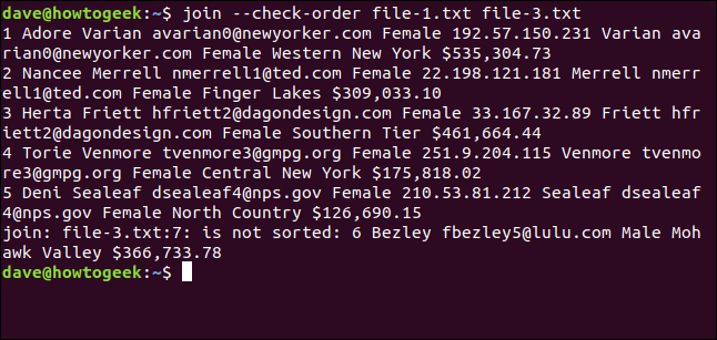 O comando "join --check-order file-1.txt file-3.txt" em uma janela de terminal.