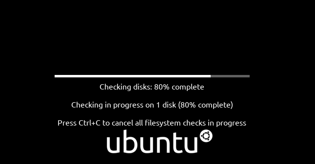 Tela de verificação de hard dreive do Ubuntu 20.04, mostrando a barra de progresso e a porcentagem concluída