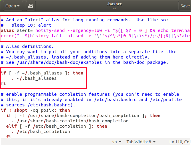 gedit com .bashrc carregado nele, e a seção .bash_aliases destacada