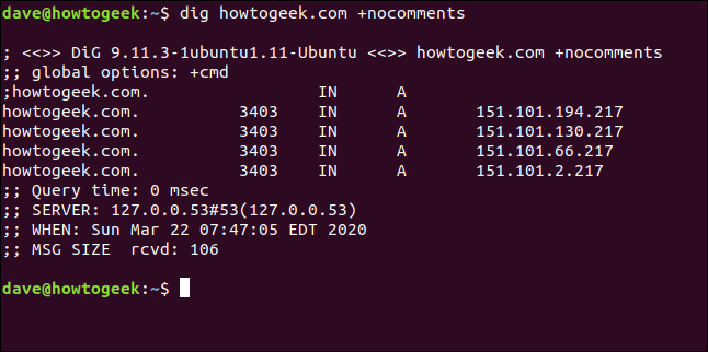 O comando "dig howtogeek.com + nocomments" em uma janela de terminal.