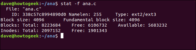 stat -f ana.c em uma janela de terminal