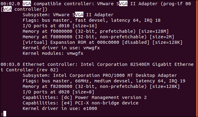Resultados da pesquisa por "VGA" na saída lspci do comando "less" em uma janela de terminal.