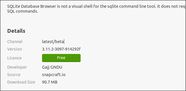 Informações específicas de snap relacionadas ao SQLITebrowser no aplicativo Ubuntu Software.