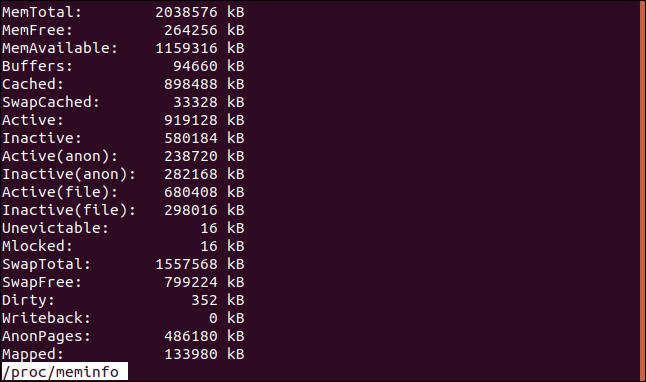 Saída do comando less / proc / meminfo em uma janela de terminal