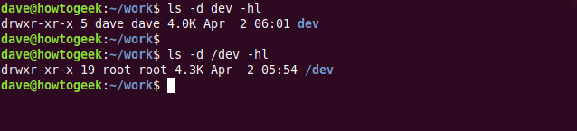 Os comandos "ls -d dev -hl" e "ls -d / dev -hl" em uma janela de terminal.