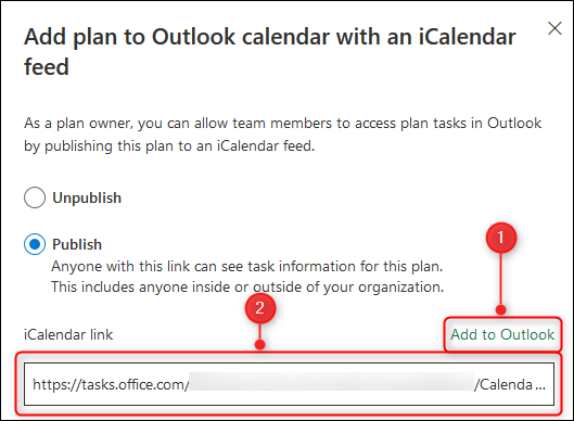As opções para adicionar o planejador ao seu calendário ou copiar um link do iCalendar.