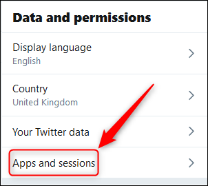 O menu "Dados e permissões" com a opção "Aplicativos e sessões" destacada.