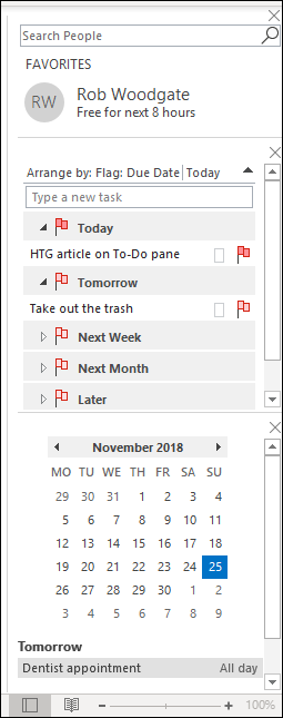 calendário movido para a parte inferior do painel de tarefas