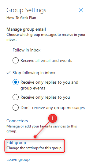 O painel "Configurações do grupo" com a opção "Editar grupo" destacada.