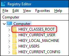 O Editor do Registro mostrando a chave HKEY_CLASSES_ROOT.