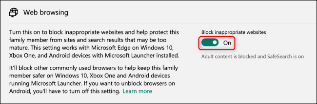 Alternância de bloqueio de navegação na Web do Grupo Família Microsoft