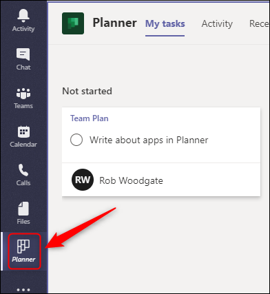 O aplicativo "Planner" na barra lateral do Teams.